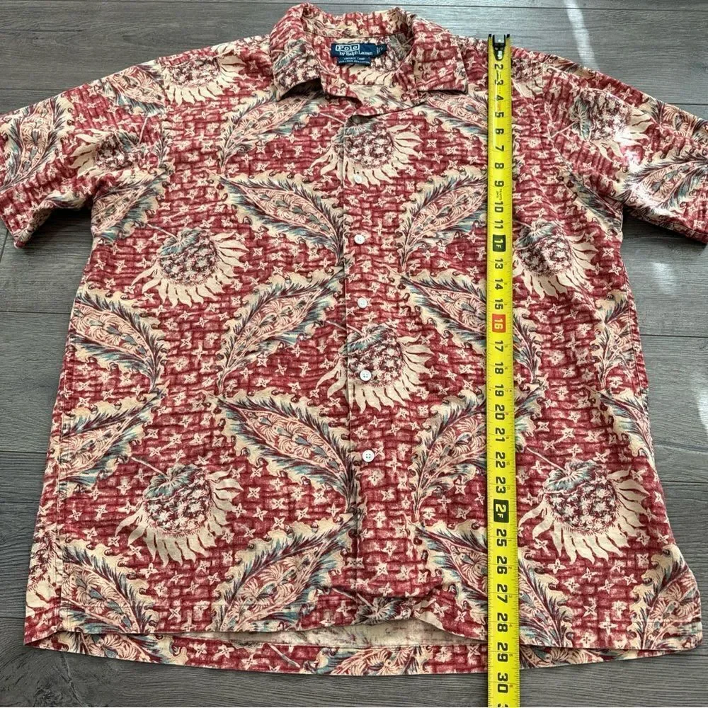 Polo Ralph Lauren Vintage Camp Shirt Men's L Linen Blend Pineapple Floral Red